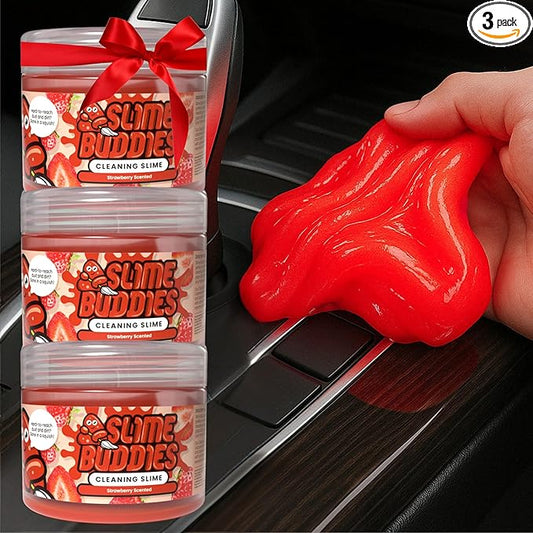Slime Buddies Car Cleaning Gel Putty - 3 Pack Strawberry Scent Interior Detailing Tool for Cup Holder, Air Vent & Keyboard - Reusable Auto Detailing Accessory - Dust Remover Goop - Gift for Men Women