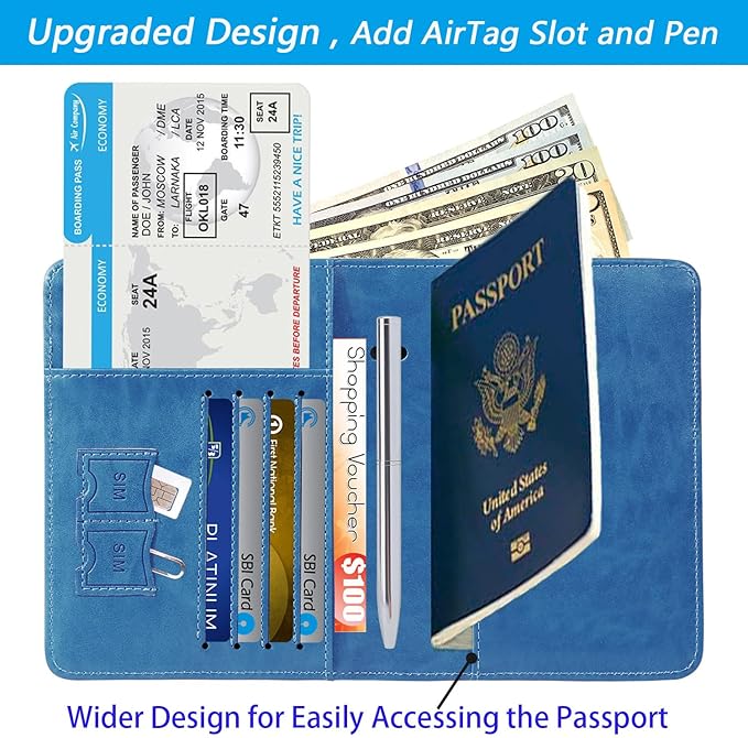 Airtag Passport Holder Cover Wallet Travel Essentials RFID Blocking Leather Card Case International Must Haves Travel Accessories for Women Men(119#Blue)