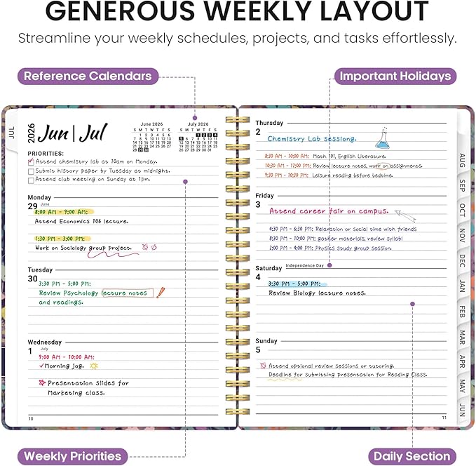Planner 2026-2027, Academic Year Weekly and Monthly Calender Planner, from Jul 2026 - Jun 2027, Spiral Bound School Planning Book, Perfect for Teacher, Student, Women & Men, A5 (6.3" x 8.5"), Lavendar Floral