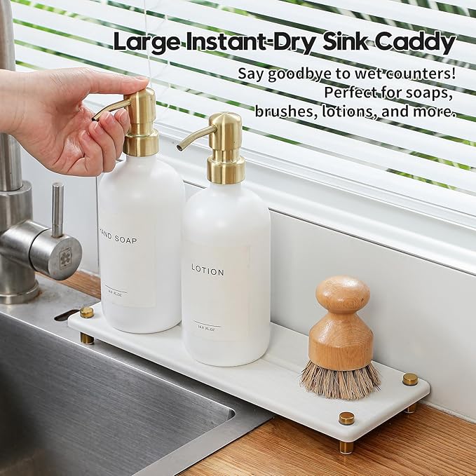 White Gold Dish Drying Rack Tray, Water Absorbing Stone Sink Caddy Kitchen Sink Organizer, Diatomite Bathroom Counter Faucet Mat Coaster, Soap Riser Dispenser Sponge Holder, White 12.5" x 4.5"