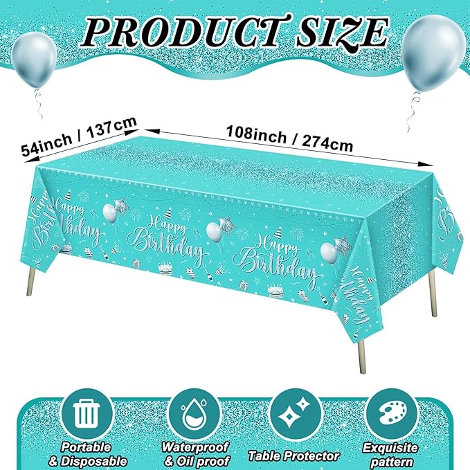 Tudomro 3 Pcs Happy Birthday Tablecloths Happy Birthday Party Decorations Plastic Table Cover Rectangular Cloths for Women Men Baby Shower Party Supplies, 108 x 54 Inch (Teal)