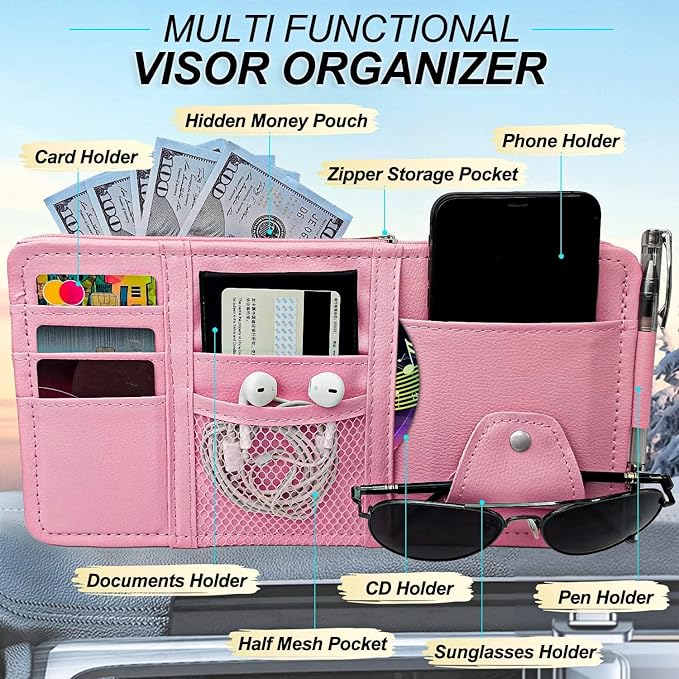 Keedolla 2 Pack Car Sun Visor Pocket Organizer, Auto Interior Accessories Car Truck Visor Organizer Storage Pouch Case Bag for Cards, Pens and Documents - Pink