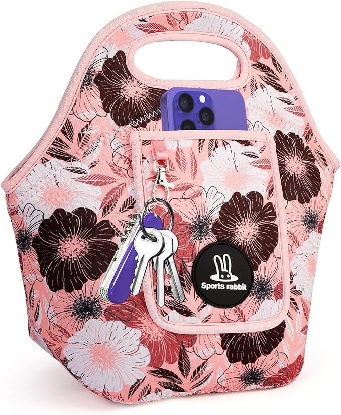 Sports Rabbit Neoprene Insulated Lunch Bag for Women - Front Pocket for Phone&Keys - Reusable, Foldable, Lightweight, Waterproof, Easy to Store & Clean - Ideal for Work, Travel & Picnics (Pink Floral)