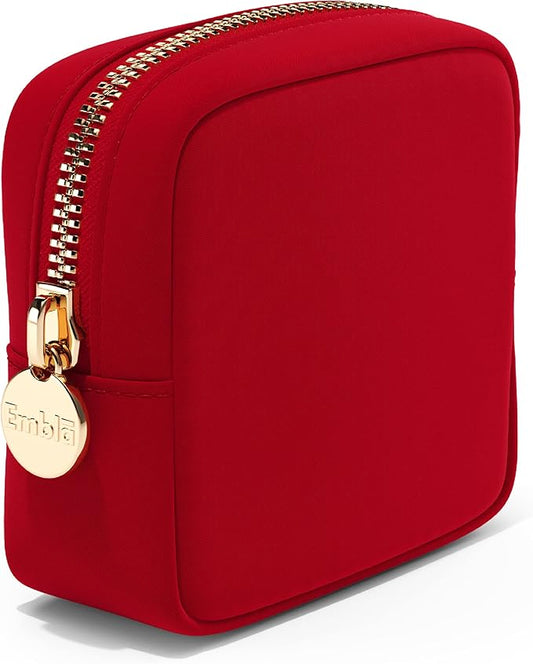 Embla Makeup Bag Travel Cosmetics Pouch and Toiletry Bag, Nylon Zipper Pouch Purse, Cute Make Up Organizer Storage Tote for Women Girls, Waterproof Travel Skincare Case, Small Makeup Bags, Ruby Red