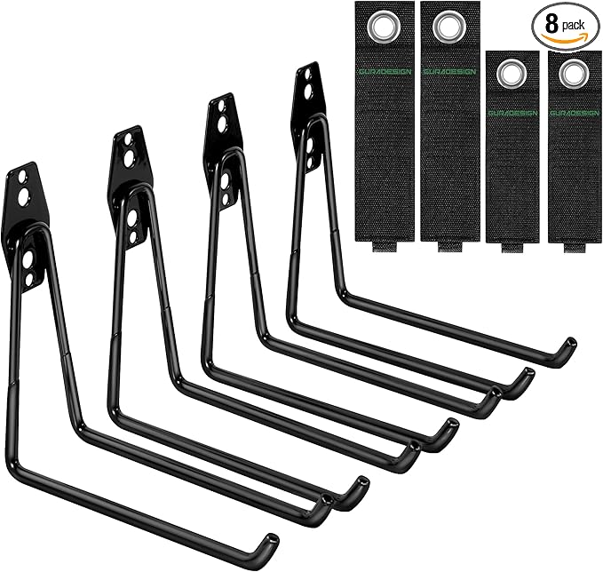 GURADESIGN 4-Piece Garage Hooks Wall Mount Storage Hanger with 4 Extension Cord Holder Organizer, Heavy-Duty Steel, 7.5 inch Ladder Hooks for Garage Wall