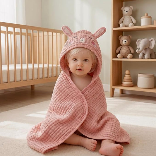 Blissful Diary Muslin Baby Hooded Towel 1 Pack, Soft & Absorbent Bath Towel for Baby Girls, Infant Gift, Newborn Essentials, Sweet Bunny