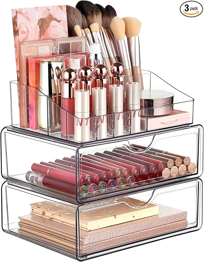 Vtopmart 3 Tier Clear Makeup Organizer with Drawer, Cosmetic Storage for Dresser Countertop and Bathroom Vanity, Beauty Holder for Lipstick Brush Skincare