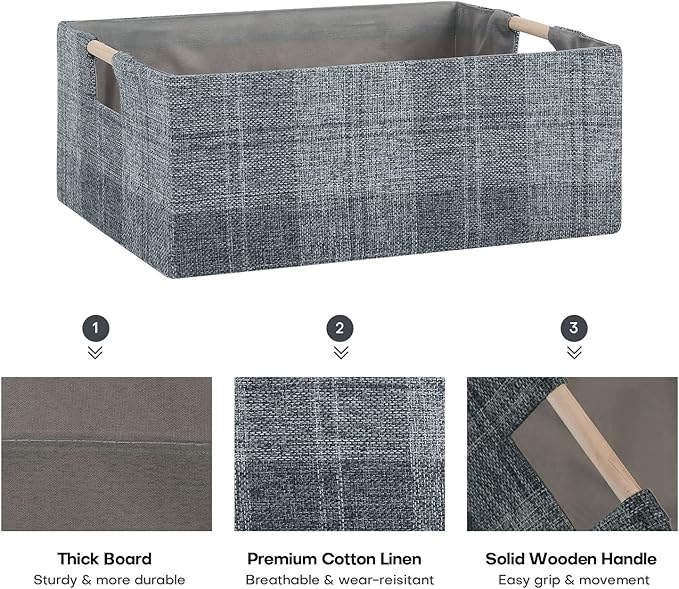 Fabric Storage Bin Box Collapsible Cotton Linen Storage Cube with Wooden Handles Rectangular Decorative Home Organizer Clothes Blanket Basket– Dark Gray Plaid, Medium