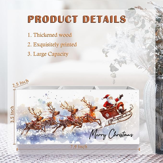 Winter Christmas Santa Pen Pencil Holder for Desk, Christmas Office Decor, Snowy Xmas Santa Claus and Reindeer Wooden Box Block Sign for Home Office Desk Tabletop Decoration
