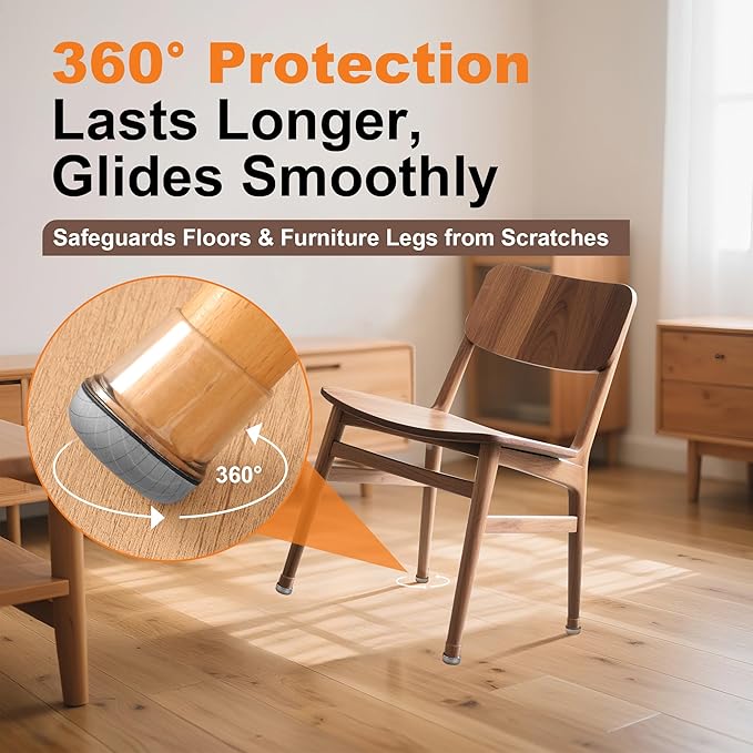 Chair Leg Floor Protectors for Hardwood Floors – Smooth Nylon Base Won’t Trap Cat or Dog Hair, Clear Silicone Caps No Scratch & Silent on Carpet & Tile (32 Pack, Fits 3/4" to 1")