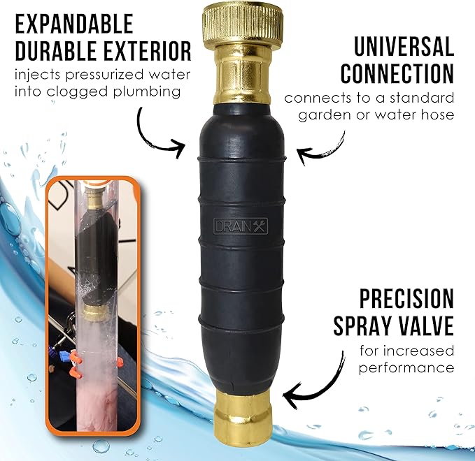 DrainX Hydro Pressure Drain Cleaning Bladder Pro - Fits 1.5" to 3" Drain Pipes - Unclogs Stubborn Blockages in Bathroom Sinks, Shower Drains, Bathtubs, Plumbing Pipes