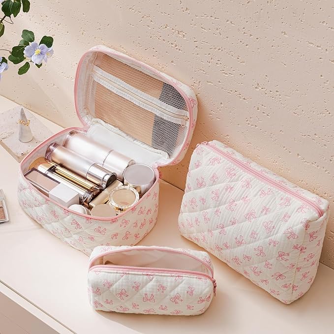 HBselect Quilted Makeup Bag, 3PCS Cotton Large Travel Makeup Bag, Cute Floral Coquette Make up Bag Cosmetic Bag Toiletry Bag for Women Girls