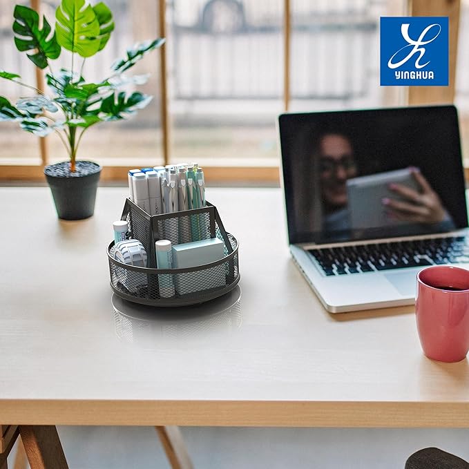 YINGHUA Metal Mesh Desk Organizer with 5 Compartments and Rotating Pencil Holder Pen and Stationery Organizer for Office Home School Anti Slip Base Black