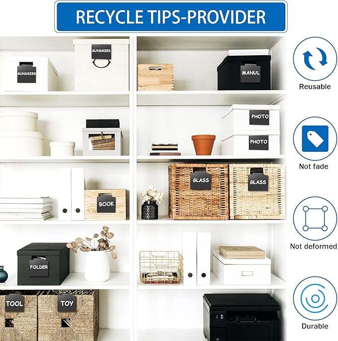 32 Pieces Basket Labels Clip Set, Include 30 Pieces Kitchen Clip Label Holder Removable PVC Bin with 2 Pieces Chalk Marker for Basket Pantry Organization Box (Black Label Clip, White Pen)