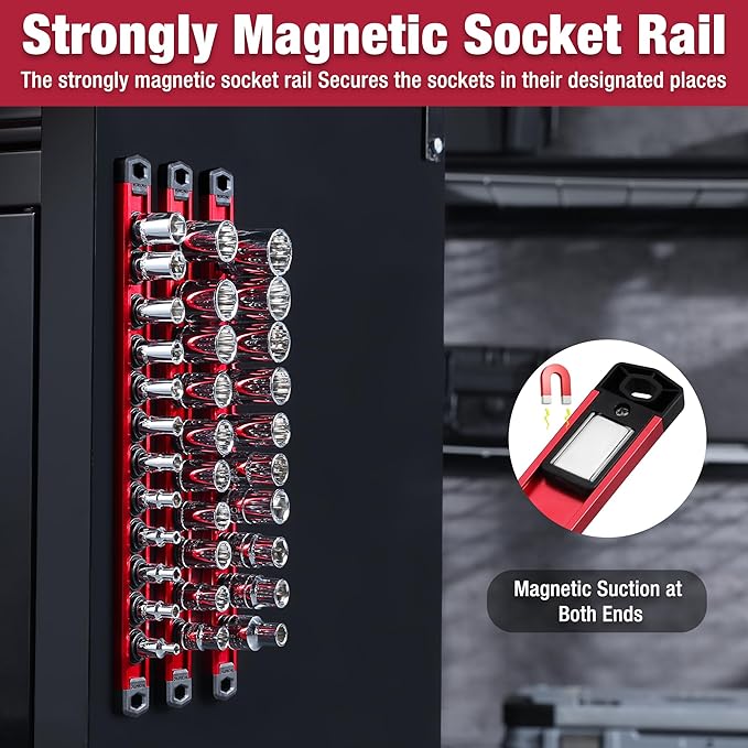 WORKPRO Magnetic Socket Organizer Set, 3-Piece Aluminum Alloy Socket Rail, Heavy Duty Socket Holder, Socket Rack Kit 1/4-Inch x 12 Clips, 3/8-Inch x 10 Clips, 1/2-Inch x 10 Clips (Red)