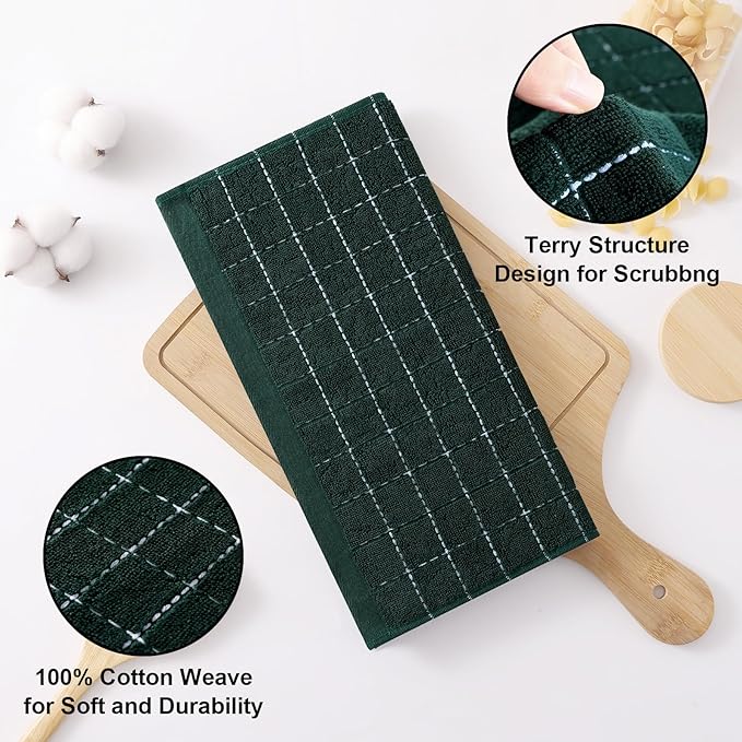 Homaxy 100% Cotton Terry Kitchen Dish Cloths, Ultra Soft and Absorbent Dish Towels for Kitchen, Suitable for Drying and Washing Dishes, 12 Pack, 12 x 12 Inches, Blackish Green