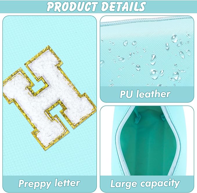 Gifts for Girls Initial Makeup Bag Personalized Cosmetic Bag with Zipper Cute Travel Toiletry Bag Waterproof PU Preppy Makeup Pouch Birthday Gift for Teen Girls Women(Blue H)