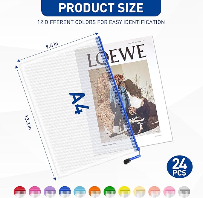 24pcs Clear Zipper Pouches, A4 Zipper Bag, 12 Colors Letter Size Organizer Bags, Toy Bags for Storage, Mesh Bags for Classroom, Home Organization, Teacher Supplies