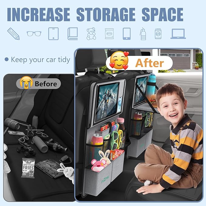 Car Backseat Organizer with Tablet Holder, 11 Storage Pockets with Foldable Food Tray, Protector Kick Mats for Kids, Travel Accessories Organizer (Gray, 2-Pack with Food Tray)