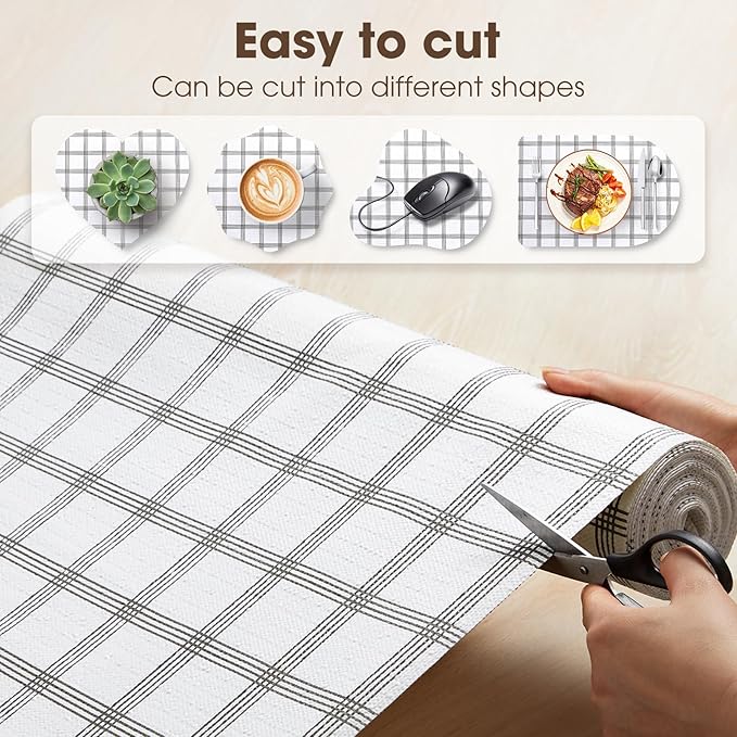 Drawer and Shelf Liner, Non-Slip Kitchen Cabinet Liners Non-Adhesive Thick Strong Grip Waterproof Washable Mats Protect Dresser Shelves Cupboard Bathroom Cabinets, White Stripes, 18IN X 10FT
