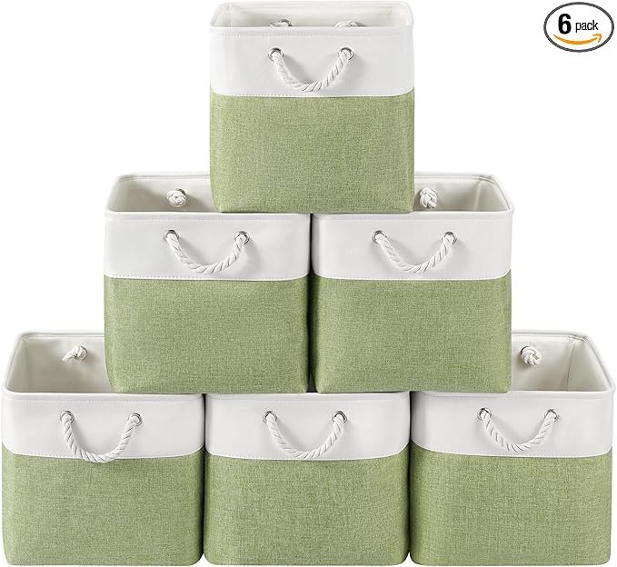 VQRTEXA 13 x 13 Inch Cube Storage Bins, 6 Pack Fabric Storage Basket with Handles, Foldable Boxes Organizer for Shelf Baskets for Home, Clothes (White/Green)