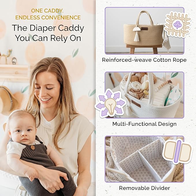 Baby Diaper Caddy Organizer, Portable Nursery Storage Basket with Sturdy Handle Diaper Caddy Basket, Car Caddy for Diapers and Baby Wipes, Newborn Essentials