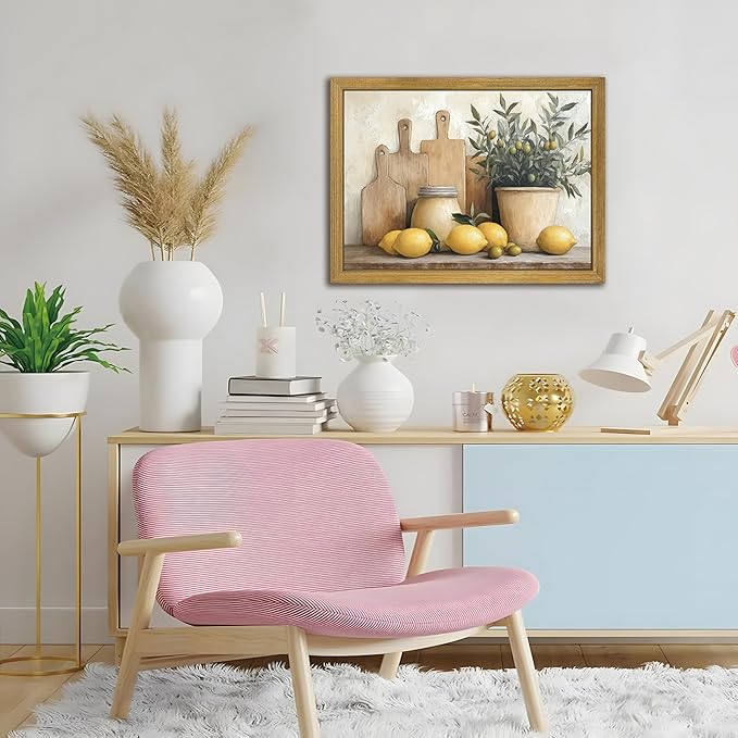 Wood Framed Vintage Kitchen Wall Art, Yellow Lemon Still Life Wall Decor Oil Paintings, Rustic Farmhouse Artwork Canvas Posters Prints Pictures for Living Room Bedroom Home Decor 12x16 Inch