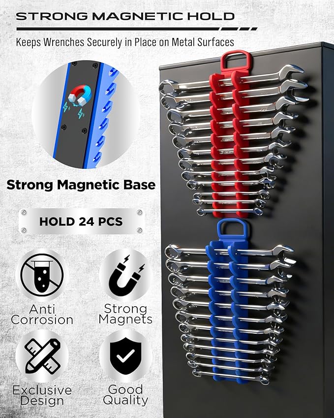 2-Pack Magnetic Wrench Organizer Set, 24-Slot Premium Wrench Rack Holder with Non-Slip Carry Handle for Tool Box Drawer Wall Storage, SAE (1/4'' to 15/16'') & Metric (6mm to 24mm)