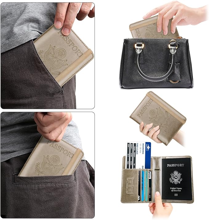 WALNEW Passport Holder for Travel, RFID Passport Cover Wallet for Women Men, PU Leather Passport Book Card Holder Case with Pen, Travelling Essentials for Flying