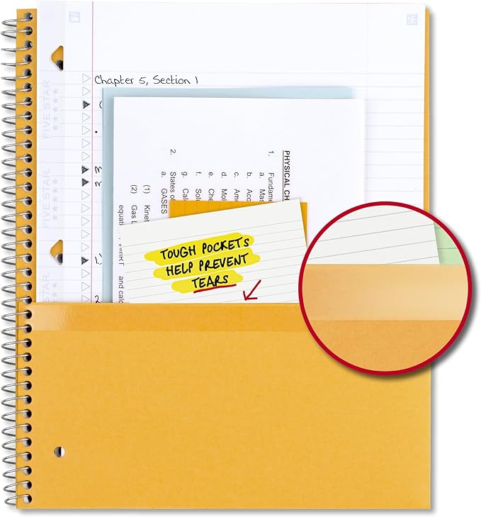 Five Star Spiral Notebook + Study App, 5 Subject, College Ruled Paper, 8-1/2" x 11", 200 Sheets, Fights Ink Bleed, Water Resistant Cover, Fire Red (72077), (Pack of 6)