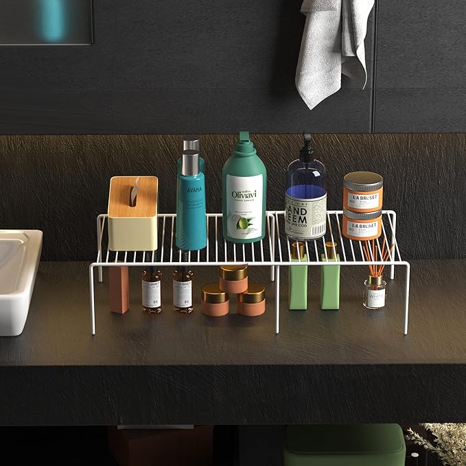 Kitchen Cabinet Expandable Shelf Organizers Set of 4, Adjustable Metal Wire Pantry Storage Shelves, Plate Dish Organizer Rack for Cabinets, Cupboard, Counter, Freezer, Countertop, White