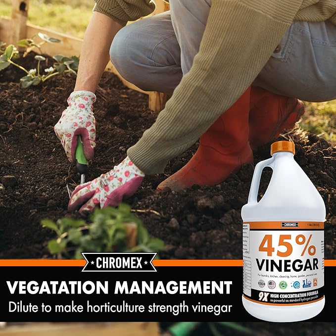 Chromex 45% Ultra Concentrated Vinegar - Dilutes to 9 Gallons - 9x Strength Multi-Purpose Cleaning, Deodorizing, Laundry, Gardening, Descaling, and Drain Cleaning Solution - 1 Gallon