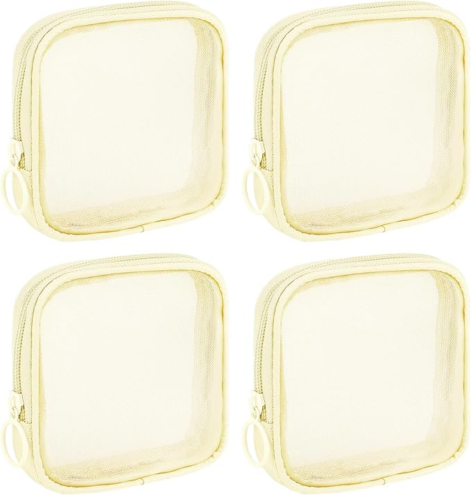 4 Pieces Mini Zipper Nylon Mesh Pouch, Mesh Cosmetic Bags Makeup Bags, Multipurpose Travel Toiletry Bags for Office Supplies and Travel Accessories (Beige, S)