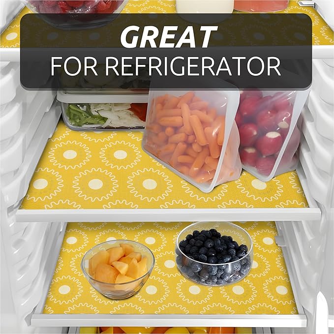 18X96 Inch Shelf Liner for Kitchen Cabinets, PVC Drawer Liner for Dresser Non-Slip Bathroom, Non-Adhesive Cabinet Liner Washable (Yellow Circle)(5 Roll)