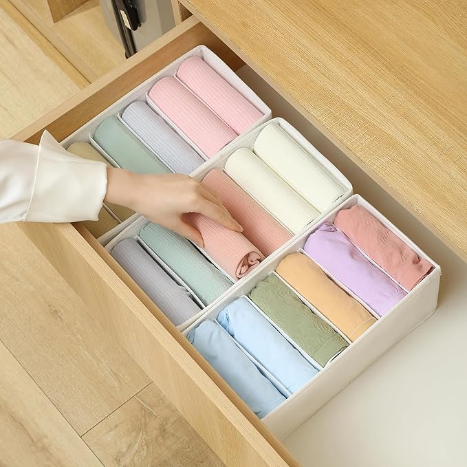 Qozary 3 Pack Sock Underwear Drawer Organizer Dividers, Non-Woven Fabric Collapsible Cabinet Closet Storage Boxes for Clothes, Socks, Lingerie, Underwear, Tie, Belt, Baby, Bedroom (White, 6 Cells)