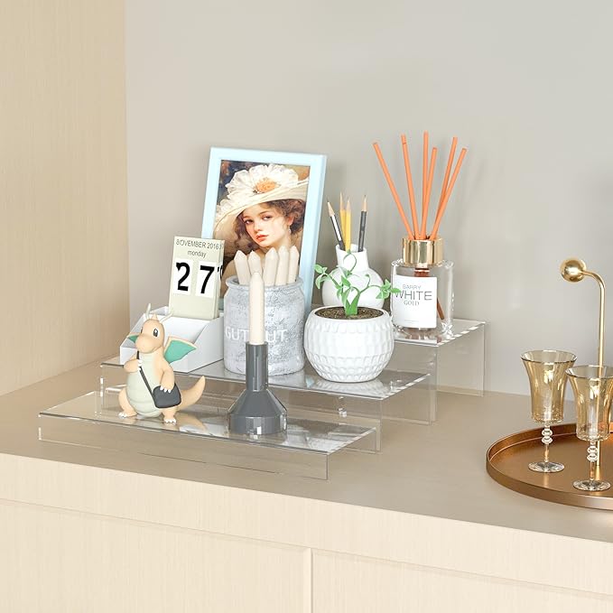 Rectangular Acrylic Display Risers Stands 3pcs, Dessert Table Display Rack, Clear Display Shelf for Funko Pop, Collectibles, Retails, Shoes, Glasses, Plants, Home Decors, Perfume - 12-1'', 2'', 3''