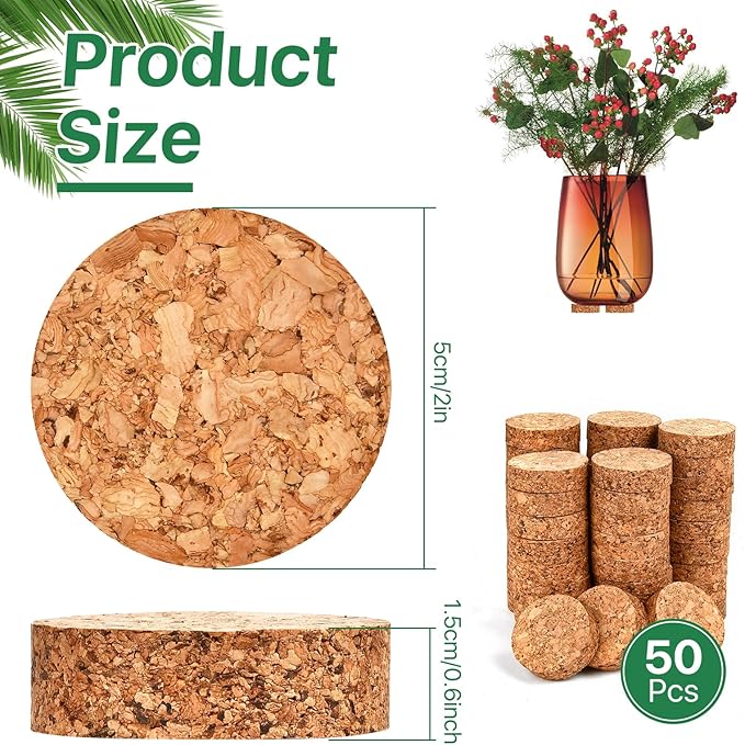 Boocalny 50 Pcs Invisible Plant Pot Feet Risers with Non Slip Surface, 2“ Dia×0.6” Cork Plant Pot Feet Lifter for Outdoor Planters, Solid Corkwood Planter Feet for Indoor Plants Flower Pots