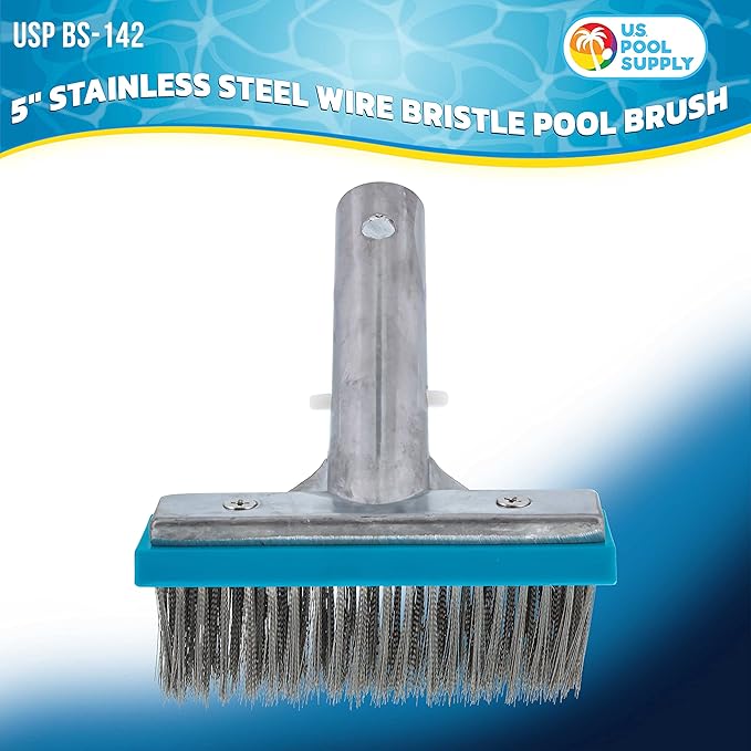 U.S. Pool Supply Pool Brush Head for Inground Pools - 5" Stainless Steel Pool Brush, Metal Wire Bristles, Scrubbing Scrubber Brushes - Remove Calcium Build-Up on Tiles, Rust Stains on Concrete Walls