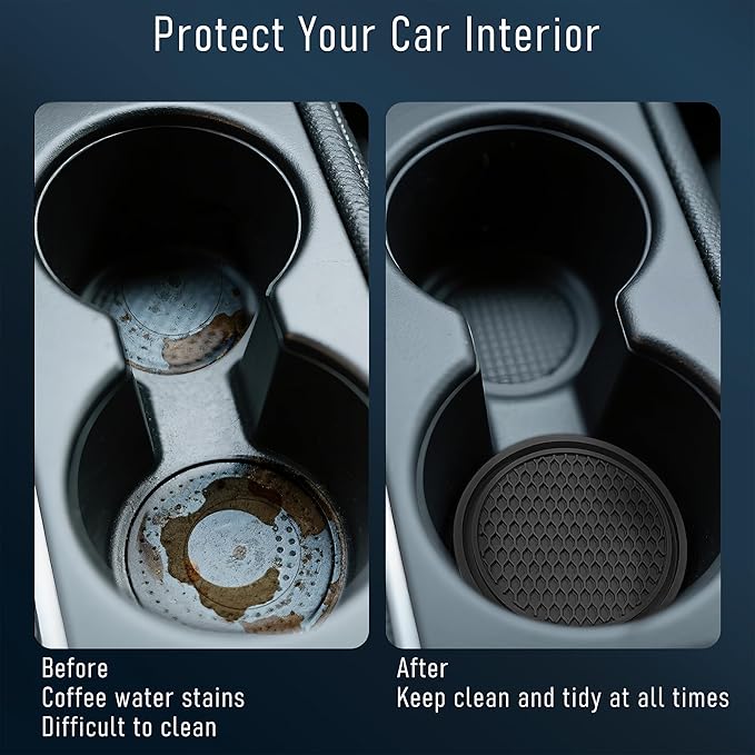 Car Cup Holder Coaster 4 Pack - Non Slip & Shockproof,Flexible PVC Rubber Insert for Car/Truck/SUV/Van (2.75"x0.2") Universal Fit Auto Cup Holders Accessories for Women and Man (Black)