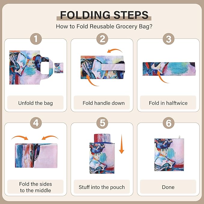 Reusable Grocery Bags, Oil Painting Art Tote Bags With Carry Pouch Waterproof Shopping Bags for Travel Daily Use