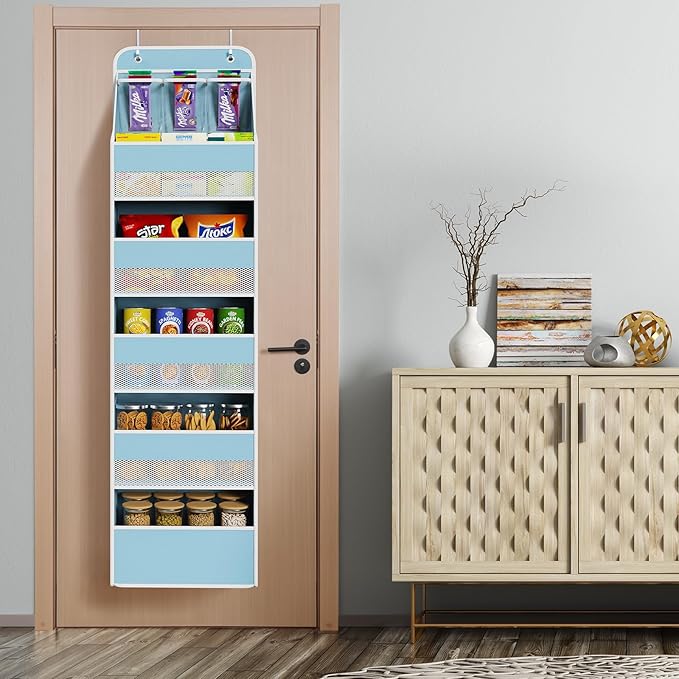 Univivi 6-Shelf Over Door Hanging Organizer Fabric Baby Door Storage with 5 Large Pockets and 3 Small PVC Pockets Wall Mount Hanging Storage Organizers for Baby Essential (Blue)