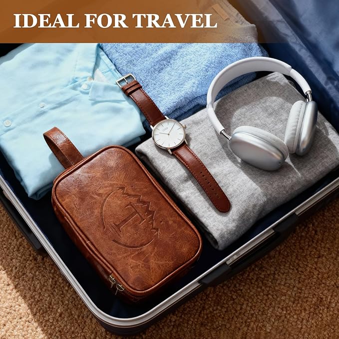 Travel Toiletry Bag for Men, Men's Shaving Bags for Toiletries, Men's Leather Toiletry Travel Bag, Personalized Travel Essentials, Birthday Gifts For Men, Brown- T