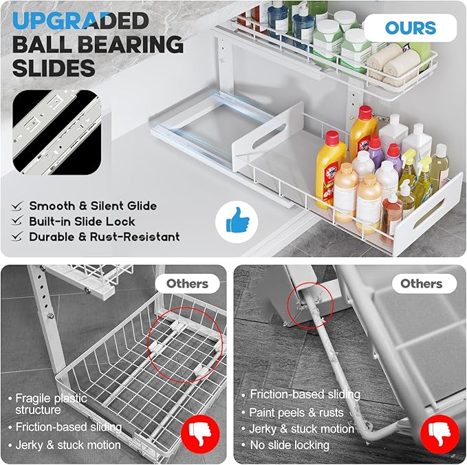 1 Pack 18 IN Depth Under Sink Organizer with Smooth Ball Bearing Slides, 2-Tier Pull Out Cabinet Storage, Slide Out Drawers for Bathroom & Kitchen, Rust-resistant Coating, Height Adjustable-White