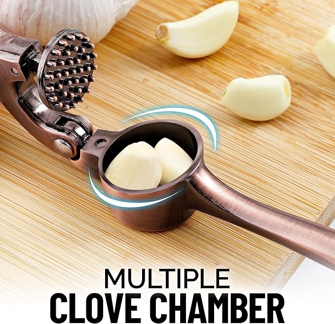 Zulay Kitchen Premium Garlic Press Set - Rust Proof & Dishwasher Safe Professional Garlic Mincer Tool - Easy-Squeeze, Easy-Clean with Soft, Ergonomic Handle - Silicone Garlic Peeler & Brush (Copper)