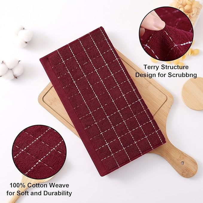 Homaxy 100% Cotton Terry Kitchen Dish Cloths, Ultra Soft and Absorbent Dish Towels for Kitchen, Suitable for Drying and Washing Dishes, 6 Pack, 12 x 12 Inches, Burgundy Red