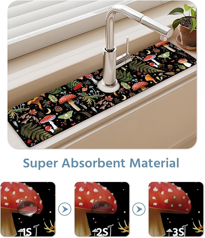 Patterned Sink Faucet Mat Kitchen Splash Guard Super Absorbent Drying Mat, Non-Slip Drain Pad for Kitchen Counter or Bathroom-15x5.5in