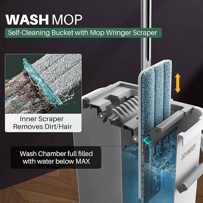 JOYMOOP Mop and Bucket Set, Flat Mop Flat Head, Microfiber Dust Mops for Household & Commercial Wall Cleaner with Long Handle, Hands-Free Floor Cleaning