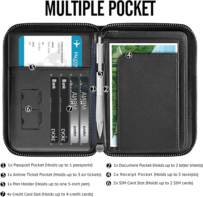 Passport Wallet, Passport Holder for Travel Family, Ultra Large Storage with 3 Pockets. RFID Passport Cover Case with Zipper Closure