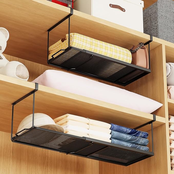 ROLIZOE 2 Pack Expandable Under Cabinet Shelf, Under Shelf Storage with 0.94 Inches Thick Clips for Kitchen Cupboard, Metal Hanging Under Desk Basket for Laundry Room, Shoe Rack