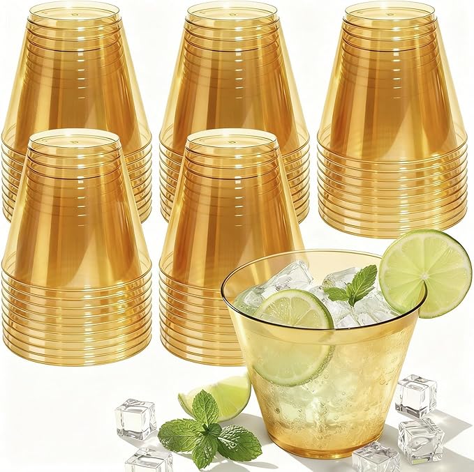 9 oz Clear Plastic Cups Glod Plastic Disposable Cups for Cocktail 150 Pack Fancy Cocktail Cup for Party Stemless Wine Glasses for Party Wedding Graduation Birthday